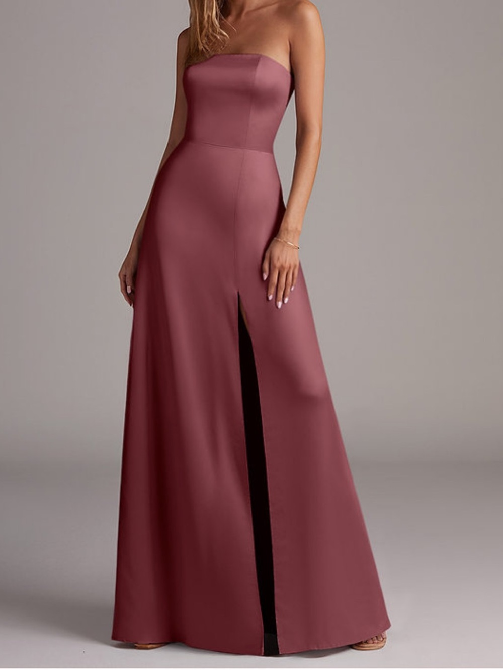 Azazie Wren Desert Rose Satin, Strapless Mauve Evening Gown with Front Slit